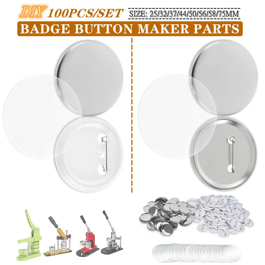 100 Sets Blank Badge Button Maker Parts, 25-75MM Plastic/Metal Button Parts