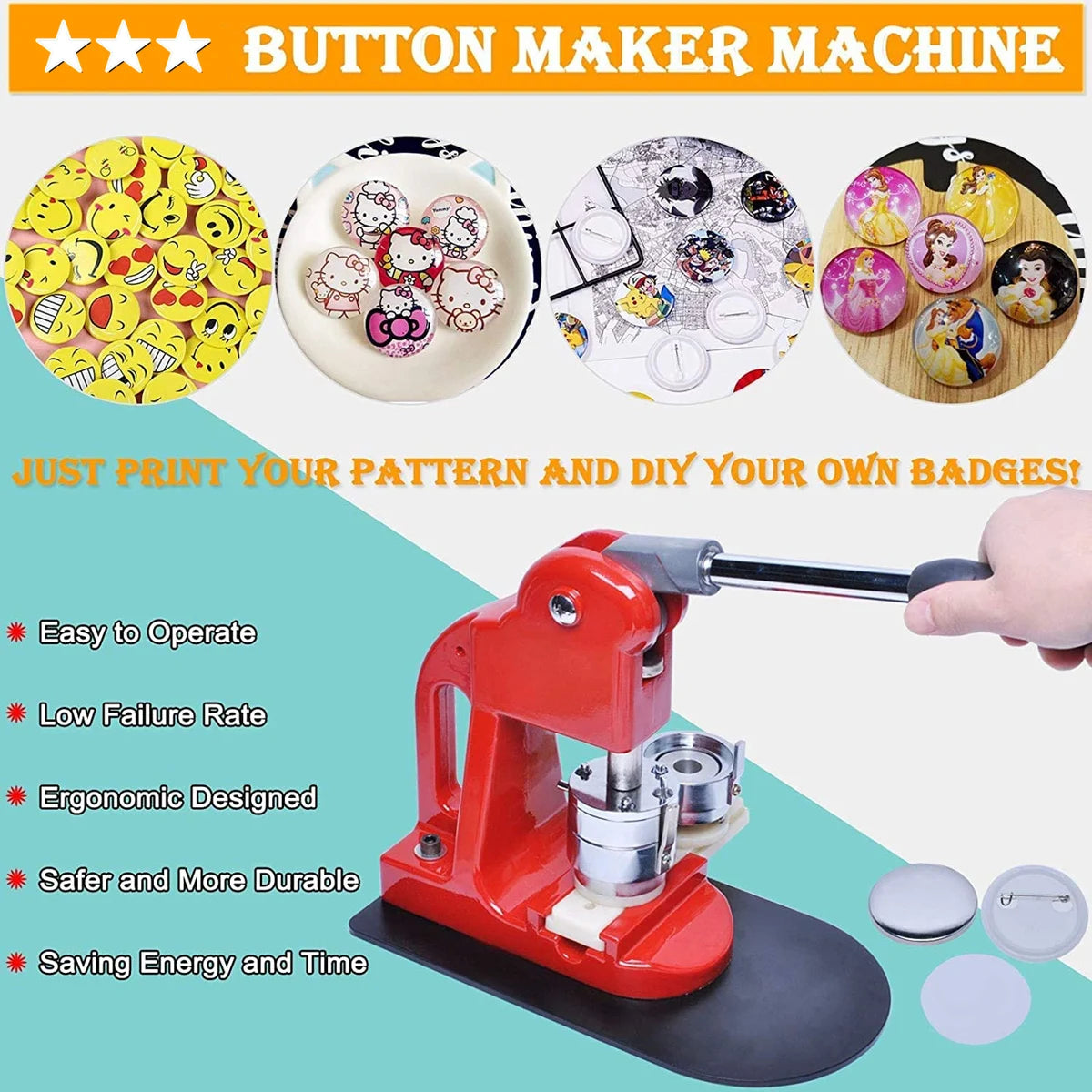 Button Pin Badge Maker Machine 25MM-75MM with 100Pcs Button Parts+Circle Cutter+Mold