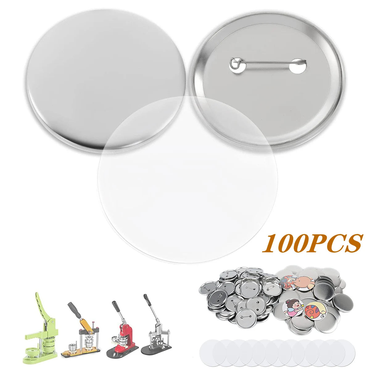 100 Sets Blank Badge Button Maker Parts, 25-75MM Plastic/Metal Button Parts