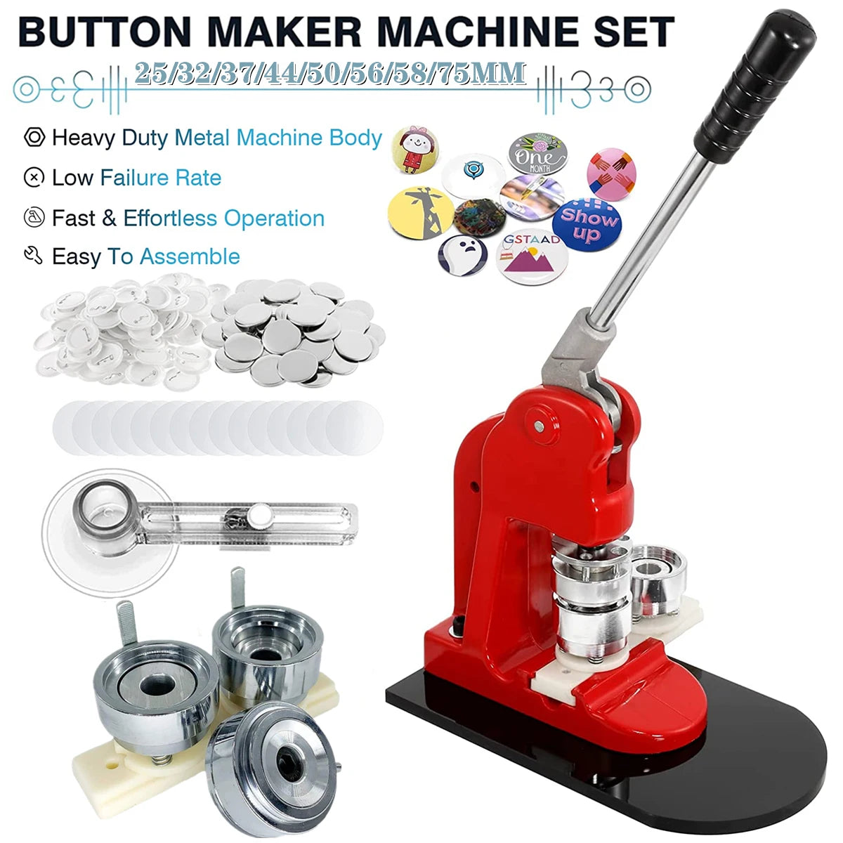 Button Pin Badge Maker Machine 25MM-75MM with 100Pcs Button Parts+Circle Cutter+Mold