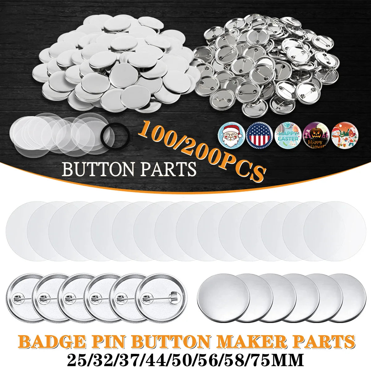 100/200 Sets Metal Badge Pin Button Maker Parts 25-75MM